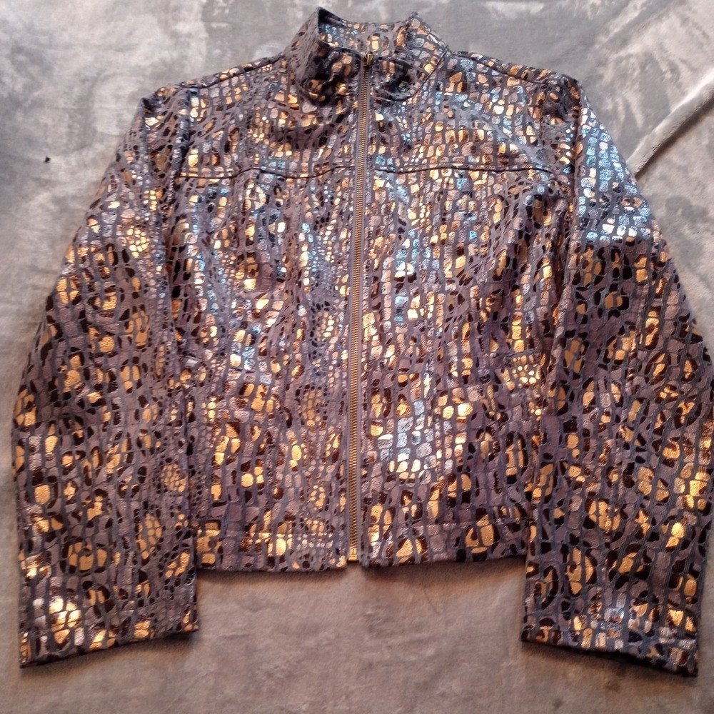 Linear Metallic Cheetah Print Vintage Zip‎ Up Gray Jacket Size Medium Petite